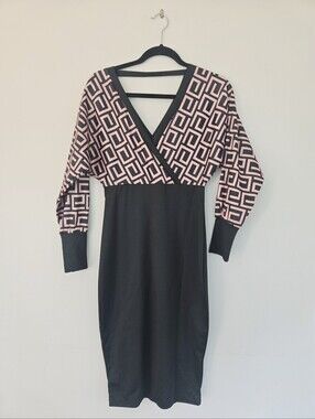 chic Black and Pink Geometric Wrap-Top Midi Dress